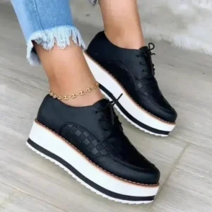 Milegestic Women'S Fashion Vintage Lace-Up Solid Color Flat Slip-On PU Sneakers Shoes