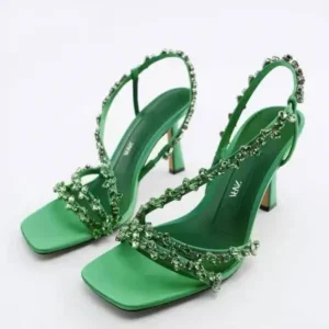 Milegestic Women Fashion Plus Size Sexy Rhinestone Strap Square Toe Heeled Sandals