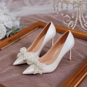 Milegestic Women Fashion Sexy Pointed Satin Pearl Pointed Toe Shoes