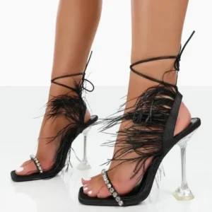 Milegestic Women Fashion Sexy Rhinestone Feather Decorative Solid Color High Heel Sandals Shoes