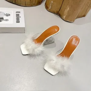 Milegestic Women Fashion Sexy Feather Decoration Solid Color Chunky High Heel Slippers Shoes