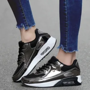 Milegestic Women Casual Sports Lace Up Design Shiny Air Cushion Platform Sneakers