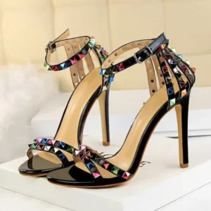 Milegestic Fashion Women Sexy 11cm High Heels Rivets Studded Sandals Ankle Buckle Strap Stiletto Shoes