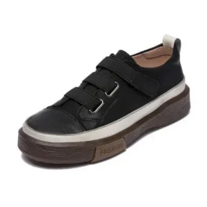 Milegestic Women Vintage Casual Velcro Design Round Toe Color Blocking Platform Genuine Leather Sneakers