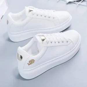 Milegestic Women Casual Fashion Rose Embroidery Thick-Soled Comfortable PU Leather White Sneakers