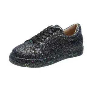 Milegestic Women Creative Casual Sequined Solid Color Lace-Up Low-Top Flat Sneakers