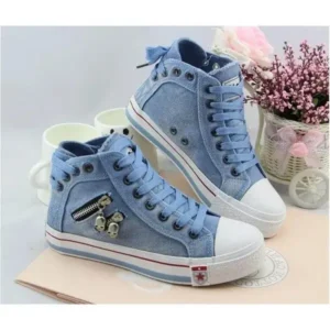 Milegestic Women Casual Spring Zipper Decor Lace-Up High Top Denim Canvas Sneakers