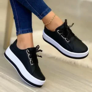 Milegestic Women Casual Round Toe Lace-Up Block Color Platform Shoes PU Sneakers