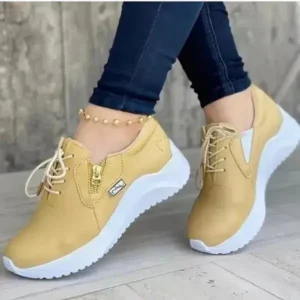 Milegestic Women Casual Round Toe Low Cut Lace-Up PU Side Zipper Design Solid Color Sneakers