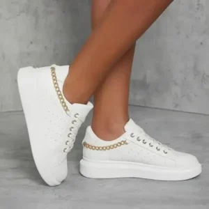 Milegestic Women Casual Creative Metal Chain Design Solid Color Thick-Soled Low Top PU Sneakers