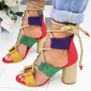 Milegestic Women Fashion Sexy Cross Hollow Lace Up Design Color Blocking High Heel Sandals Shoes