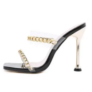 Milegestic Women Sexy Plus Size Metal Chain Square-Toe High Heel Sandals