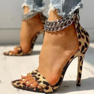 Milegestic Women Sexy Metal Chain Buckle Ankle Strap Animal Printed High Heels