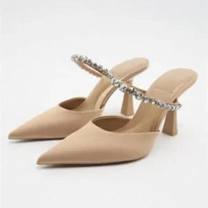 Milegestic Summer Women Plus Size Fashion Casual Rhinestone Pointed Cover Toe High Heel Slippers