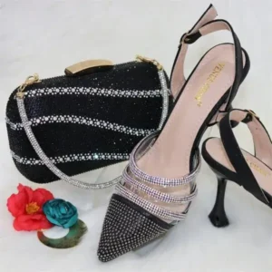 Milegestic Women Classic Black Pointed Shoes Transparent Pvc Rhinestone Chain Square Hand Bag Set