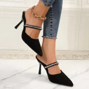 Milegestic Summer Women Fashion Plus Size Elegant Pointed Toe Strap Rhinestone Stiletto Heel Slippers