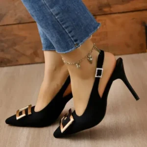 Milegestic Summer Women Fashion Casual Plus Size Solid Color Pointed Toe Metal Buckle Sling Back High Heel Sandals