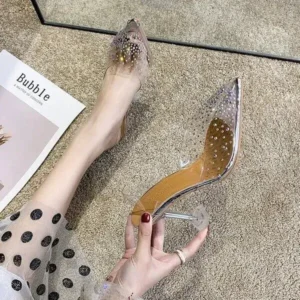 Milegestic Women Fashion Sexy Rhinestone Decorative Pointed Toe Transparent High Heel Sandals