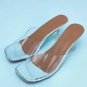 Milegestic Women Fashion Casual Square Toe Transparent Design Mid Heel Slippers