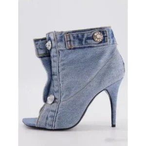 Milegestic Women Fashion High Heel Denim Button High Top Boots