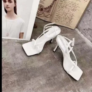 Milegestic Women Fashion Sexy PU Solid Color Square Toe Stiletto Heel Ankle Strap Buckle Thong Sandals