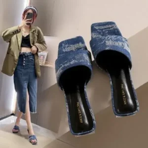 Milegestic Women Fashion Casual PU Denim Square Toe Chunky Heel Slippers