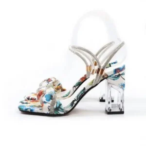 Milegestic Women Fashion Sexy PU Rhinestone Floral Printed Square Toe Chunky Heel ?Sandals