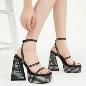 Milegestic Women Fashion Sexy PU Rhinestone Solid Color Round Toe Platform Chunky Heel Ankle Strap Buckle Sandals6