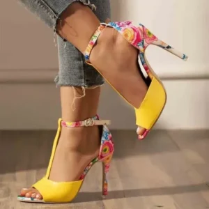 Milegestic Women Fashion Sexy Floral Printed Peep Toe Stiletto Heel Ankle Strap Buckle Sandals