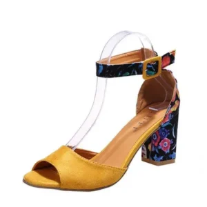 Milegestic Women Fashion Sexy PU Floral Printed Peep Toe Chunky Heel Ankle Strap Buckle Sandals