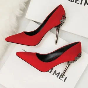 Milegestic Women Fashion Sexy PU Solid Color Pointed Toe Metal Stiletto Heel Pumps