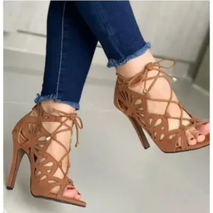 Milegestic Women Fashion Sexy Solid Color Hollow Peep Toe Stiletto Heel Bandage Sandals