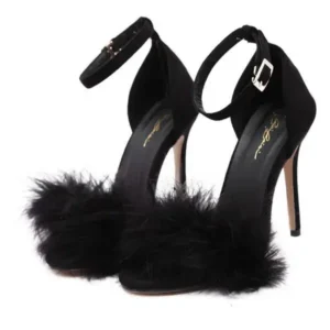 Milegestic Women Fashion Sexy PU Solid Color Feather Peep Toe Stiletto Heel Ankle Strap Buckle Sandals