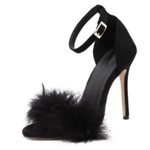 Milegestic Women Fashion Sexy Solid Color Feather Peep Toe Stiletto Heel Ankle Strap Buckle Sandals