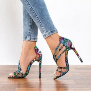 Milegestic Women Fashion Sexy PU Snake Patterned Pointed Toe Stiletto Heel Sandals