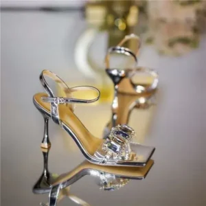 Milegestic Women Fashion Sexy PU Rhinestone Square Toe Ankle Strap Buckle Stiletto Heel Sandals