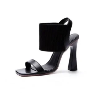 Milegestic Women Fashion Elegant Solid ColorPU Square Toe Chunky Heel Elastic Sandals