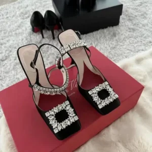 Milegestic Women Fashion Elegant PU Square Toe Rhinestone Stiletto Heel Ankle Strap Buckle Sandals