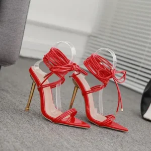 Milegestic Women Fashion Sexy Solid Color PU Bandage Stiletto Heel Sandals