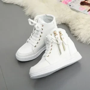 Milegestic Women Fashion Solid Color Side Zipper Lace-Up Round Head Thick-Soled Sneakers