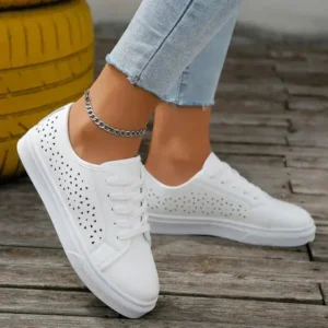 Milegestic Women Fashion Solid Color Plus Size Hollow Lace-Up Round-Toe Sneakers