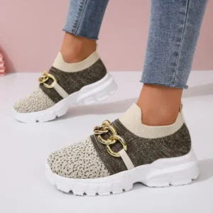 Milegestic Women Fashion Color Block Metal Chain Thick-Soled Breathable Fly-Woven Sneakers