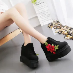 Milegestic Women Fashion Casual PU Floral Printed Thick-Soled Lace-Up Canvas Sneakers