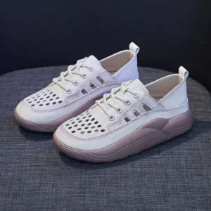 Milegestic Women Fashion Casual Solid Color PU Lace-Up Hollow Breathable Sneakers