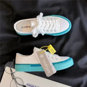 Milegestic Women Fashion Cream Blue Canvas Lace-Up Sneakers