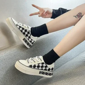 Milegestic Women Fashion Platform Checkerboard Canvas Sneakers