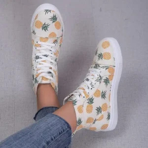 Milegestic Women Fashion Round Toe Lace-Up Pineapple Strawberry Flat Sneakers