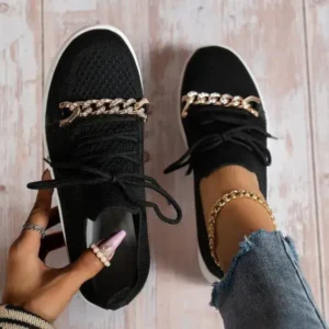 Milegestic Women Fashion Round Toe Rhinestone Metal Decoration Lace-Up Mesh Sneakers