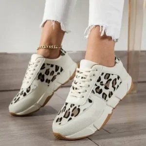 Milegestic Women Fashion Round Toe Stitching Lace Up Low Top Leopard Sports Sneakers